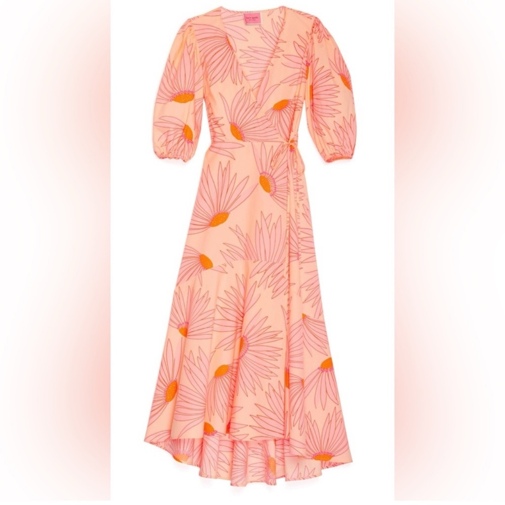 Kate Spade Falling Flowers Pink Wrap Midi Dress Size 6 Cotton Poplin Puff Sleeve